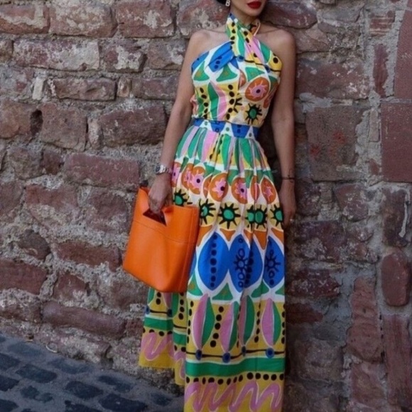 ZARA Colorful Cotton Abstract Batik African Print Halter Crop Top - Picture 2 of 8